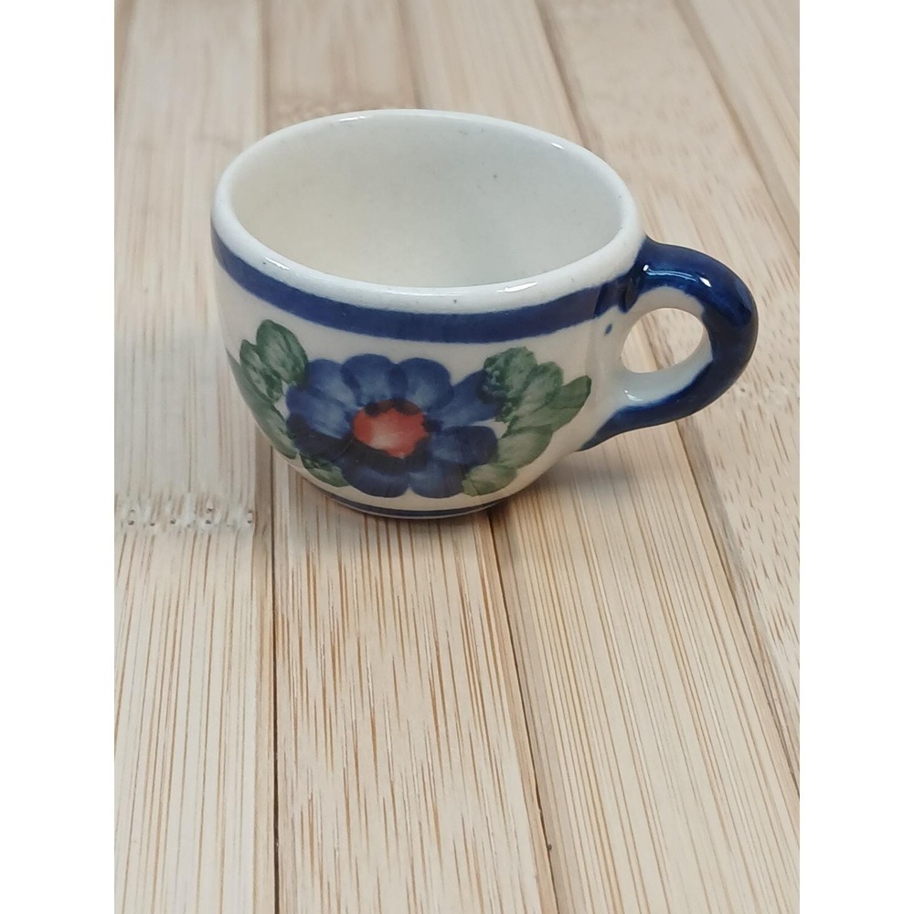 Miniature Polish Pottery Style Ceramic Mug Blue Floral Hand Painted 1 Inch Tiny